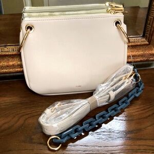 New TLOG women’s double zip purse. Removable crossbody strap/blue plastic chain.
